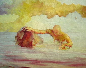 May include: A painting of a person reaching out to a large rock in a sea of pink and yellow water. The sky is a pale blue with a large yellow cloud.