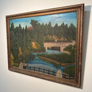 WPA Era Folk Art Painting of Waterfall Landscape by F.J. Fornaro 1930s Massachusetts Regionalist Paintings Rare Oil on Canvas Board image 5