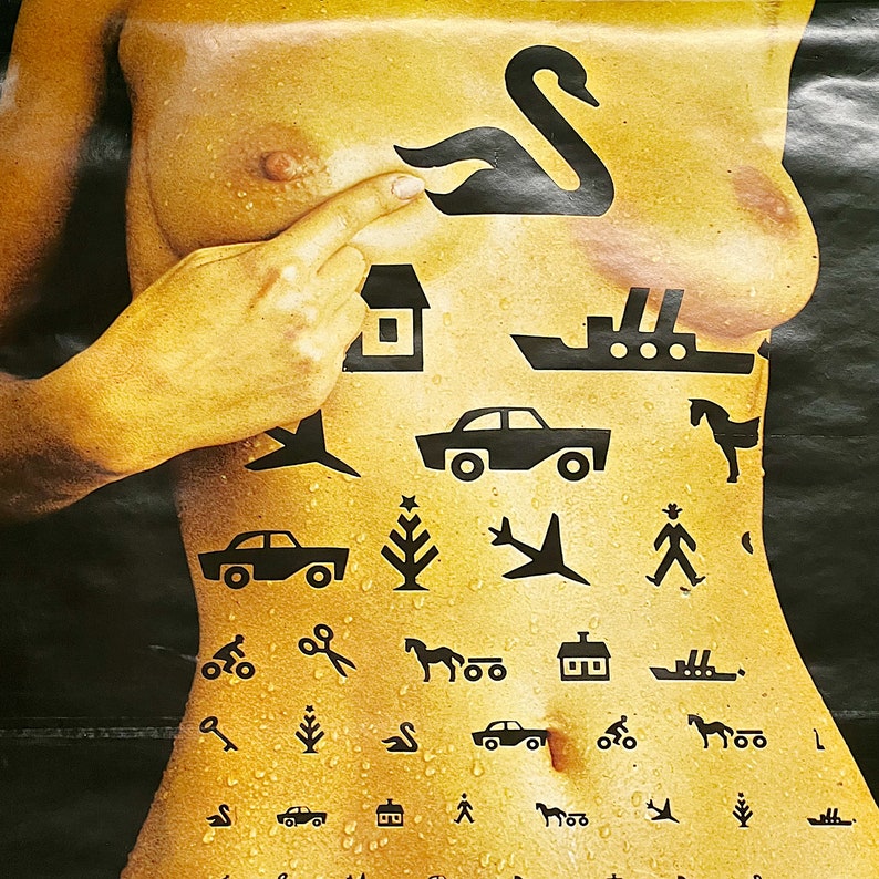 Rare 1970s Danish Poster of Nude Woman with Black Tattoos of Symbols Vintage Posters Sexy Wall Art Unusual Tattoo Artwork image 6