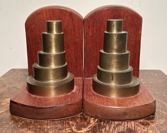 Machine Age Industrial Bookends with Heavy Stacked Brass Weights - Art Deco Modernist Sculptures - 1920s Architectural Scientific Design