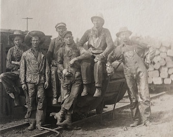 Antique Postcard of Railroad Lumber Workers - Rare RPPC - Early 1900s - Vintage Denim Workwear - Unused - Work Boots - Jackets