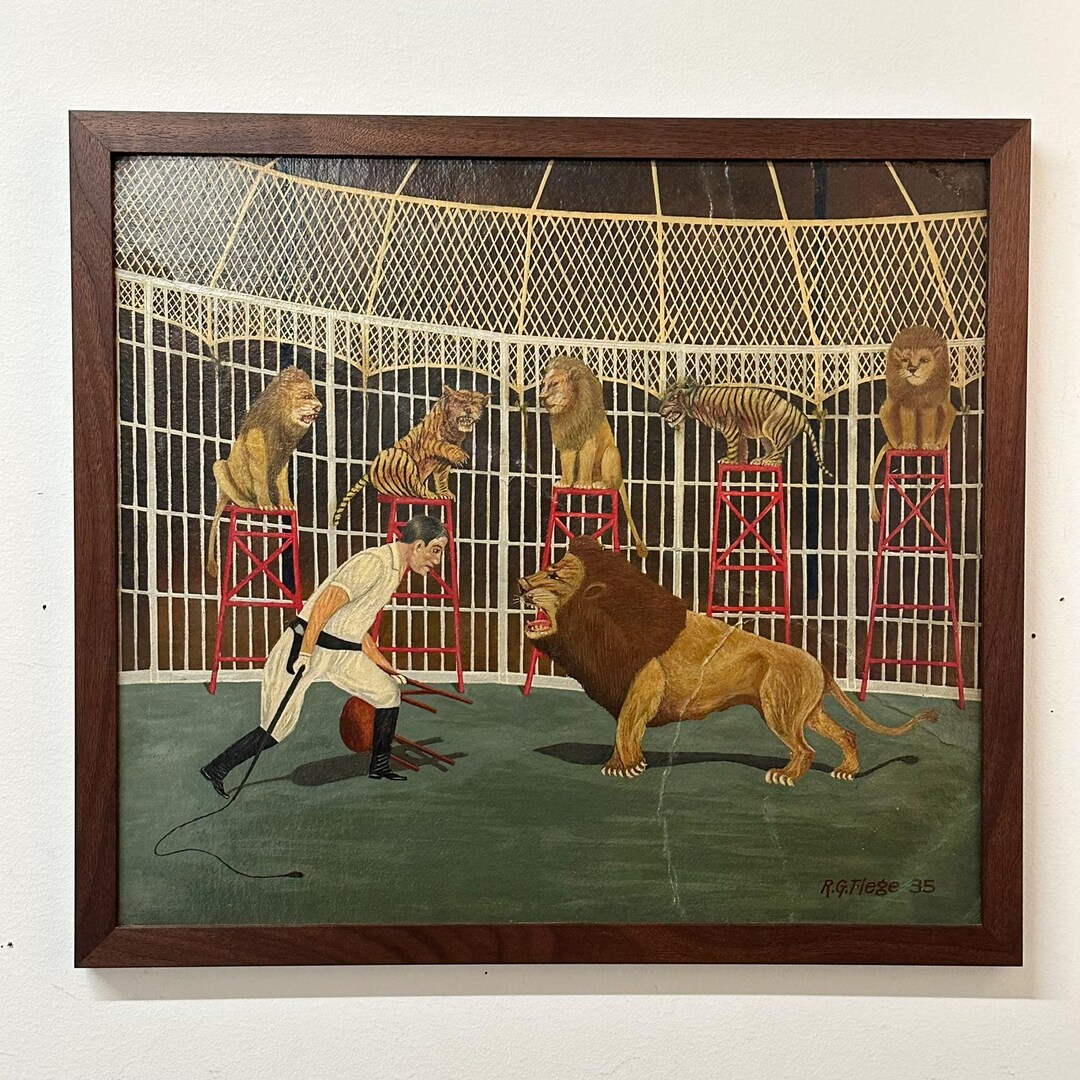 1930s Carnival Painting of Lion Tamer and Lions by Circus