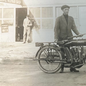 Antique Full View Indian Motorcycle Postcard Rare Unused RPPC Early 1900s Vintage Unusual Photography Mechanics Shop image 6