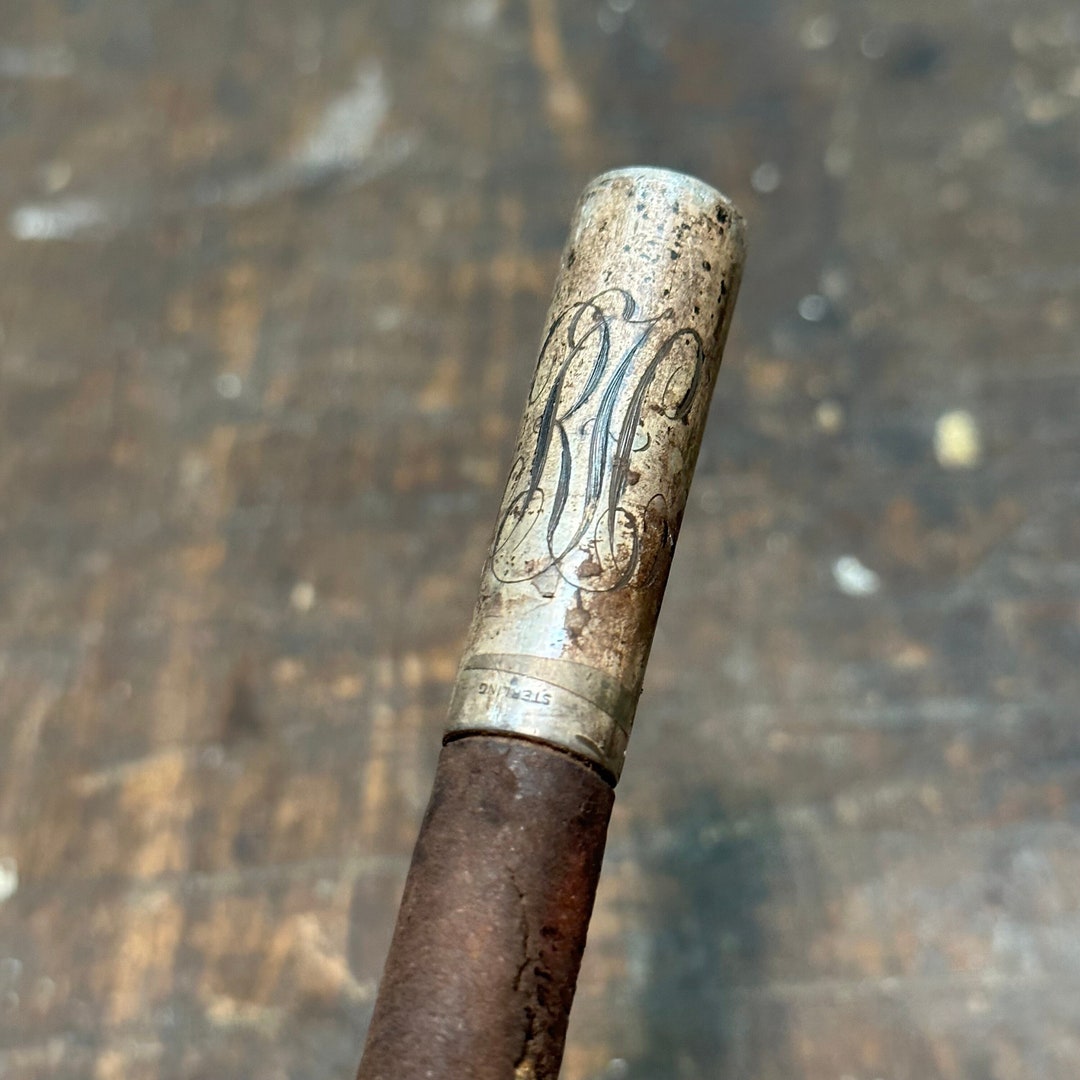 Antique Wrapped Leather Cane With rip Engraving on Silver Handle ...