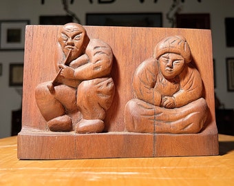 Vintage Folk Art Sculpture of Inuit Couple - Tony Wons Attribution - 1950s Relief Wood Sculptures - Eskimo Art - Rare