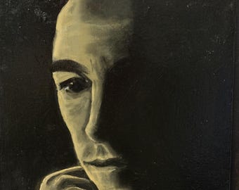 1950s Noir Chiaroscuro Oil Portrait Painting of a Mysterious Man | Signed Hamby | Mid Century Face Half in Shadow | Framed Moody Wall Art