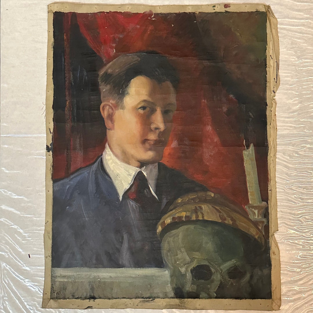 Early 1900s Memento Mori Painting of Artist With Skull by Louis E ...