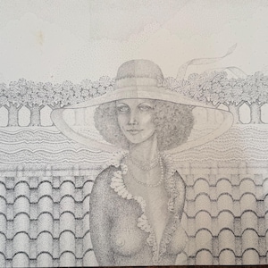 May include: A detailed black and white drawing of a woman wearing a wide-brimmed hat and a pearl necklace. The artwork features a dotted technique, with a background of trees and a wavy line design.