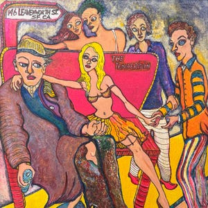 May include: A colorful painting depicting five figures in a room with a pink bench. Text reads 146 LEAVENWORTH ST. SF, CA. and THE TENDERLOIN. The figures have expressive faces and wear varied clothing including a yellow skirt, orange jacket, and brown coat.
