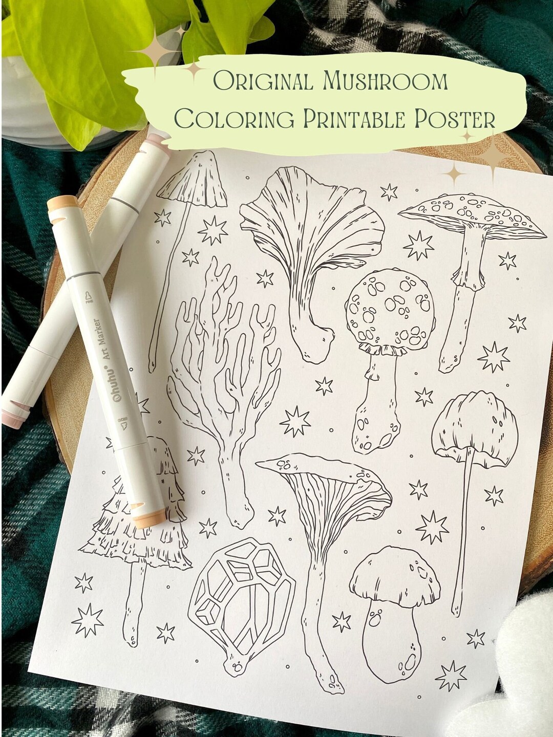 Original Mushroom Coloring Page Printable Poster - Etsy