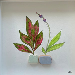 Handmade Watercolor and Seatile Art, Seaglass, Shell Art