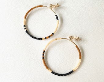 Bead Hoop Earrings, Neutral Seed Bead Hoop Earrings, Hoop Earrings, Boho Hoops, Minimal Earrings, 14k Gold Fill