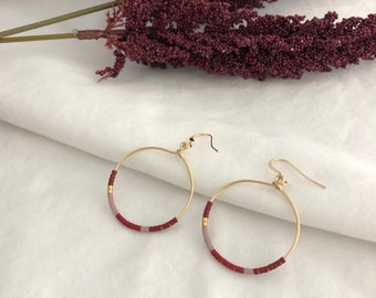 Bead Hoop Earrings, Maroon Seed Bead Hoop Earrings, Hoop Earrings, Boho Hoops, Minimal Earrings, Gold filled or Sterling silver