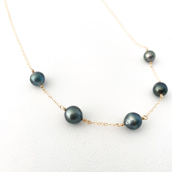 Tin Cup Pearl Necklace, Tahitian Pearl Satellite Necklace, Floating Pearl Necklace, 14k Gold Filled