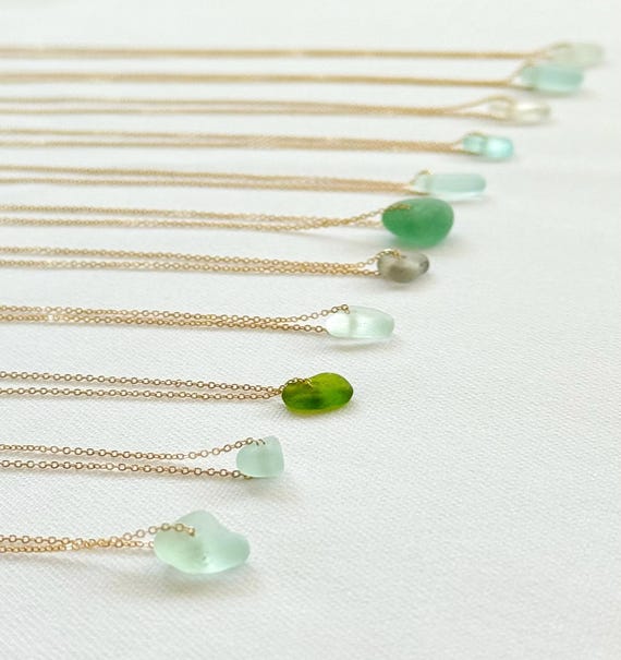 Sea Glass Necklace, Dainty Colored Sea Glass Necklace, 14kt Gold