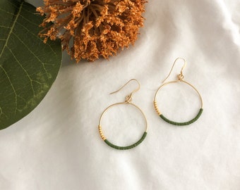 Bead Hoop Earrings, Green Seed Bead Hoop Earrings, Hoop Earrings, Boho Hoops, Minimal Earrings, Gold filled or Sterling silver