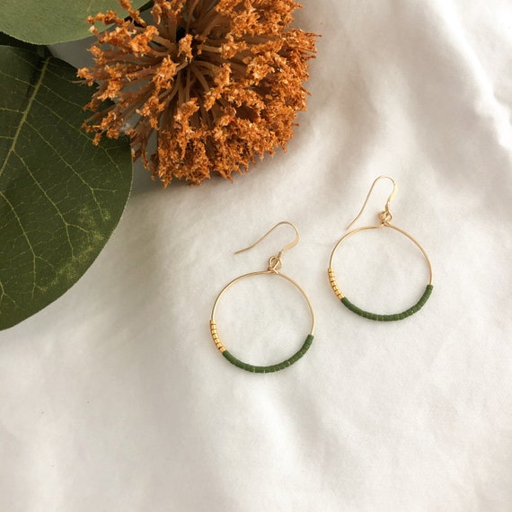 Bead Hoop Earrings, Green Seed Bead Hoop Earrings, Hoop Earrings, Boho Hoops,  Minimal Earrings, Gold Filled or Sterling Silver 