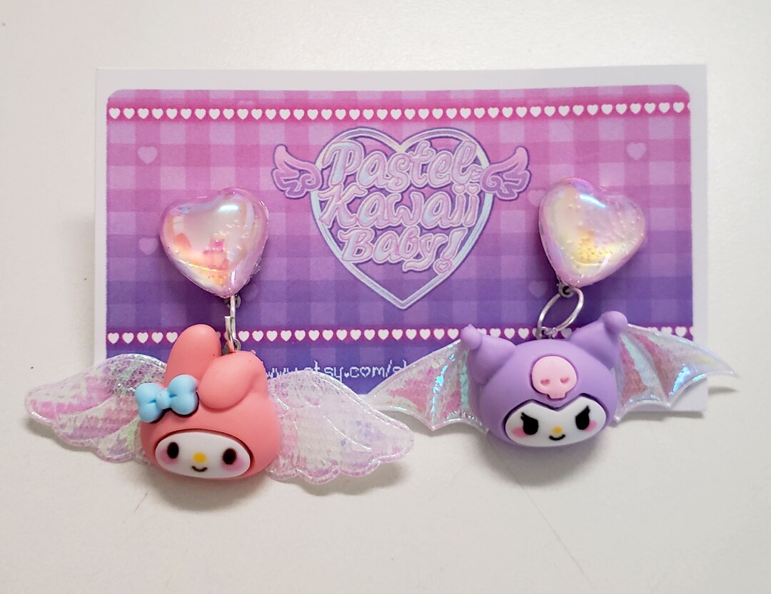 My Melody Angel and Kuromi Demon Kawaii Iridescent Heart Stud Earrings ...