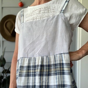 Upcycled Linen Tiered Dress: Checkered Patchwork Sundress, Size M