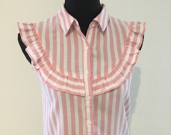 Vintage Cotton Pink and white stripe sleeveless shirt with ruffle / size XS