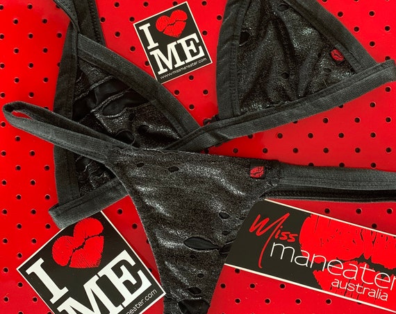 ONEofaKIND!!! ***MISSMANEATER #gunMETAL sheer adjustable bralette style + thick side fixed THONG bikini pant***HIGH cut!