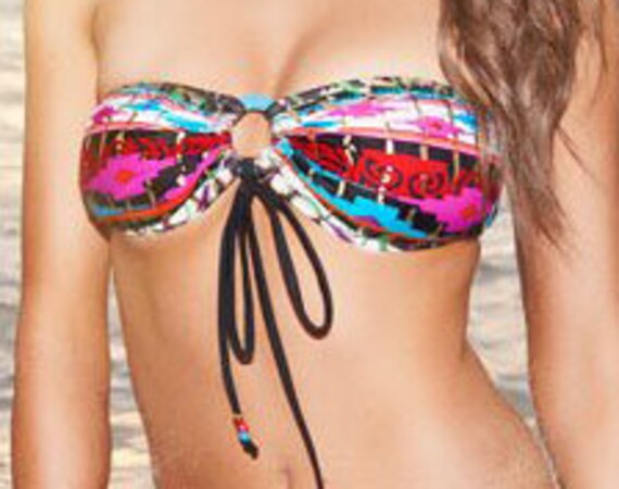 15%OFF***MISSMANEATER #aztec ring front bandeau bikini top + lace frill tie side boutique bikini pant***SUPERlowrise!