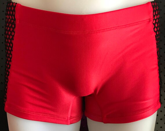 ONLY 1***ROGUEswim #REDlight + BLACK fishnet paneled EUROTRUNK swimshort
