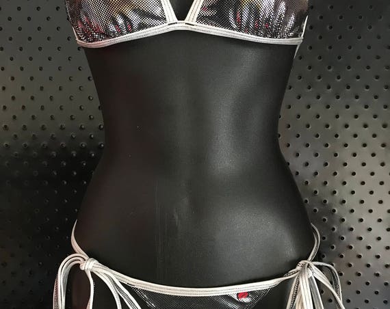 ONEofaKIND ***MissManeater DISCO BALL fixed bikini top + super low tie side scrunch bum boutique bikini set ***FREE thong pant!