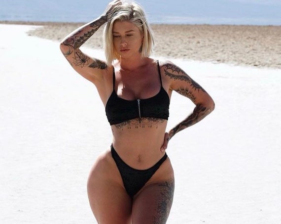 ONEofaKIND***MISSMANEATER #gunMETAL sheer zipper bralette style crop top + zipper THONG bikini pant***HIGH cut!