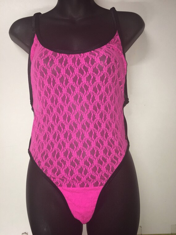 35%OFFSALE *** MissManeater NEON PINK 1 of a kind see-thru lace zip side designer swimsuit ***