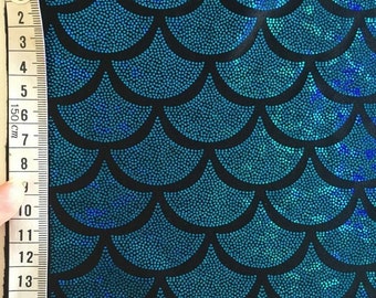 Mermaid foil print lycra spandex (Colour: Teal/Blue foil/BLACK base cloth)
