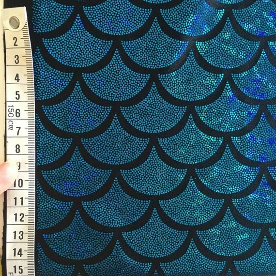 Mermaid foil print lycra spandex (Colour: Teal/Blue foil/BLACK base cloth)