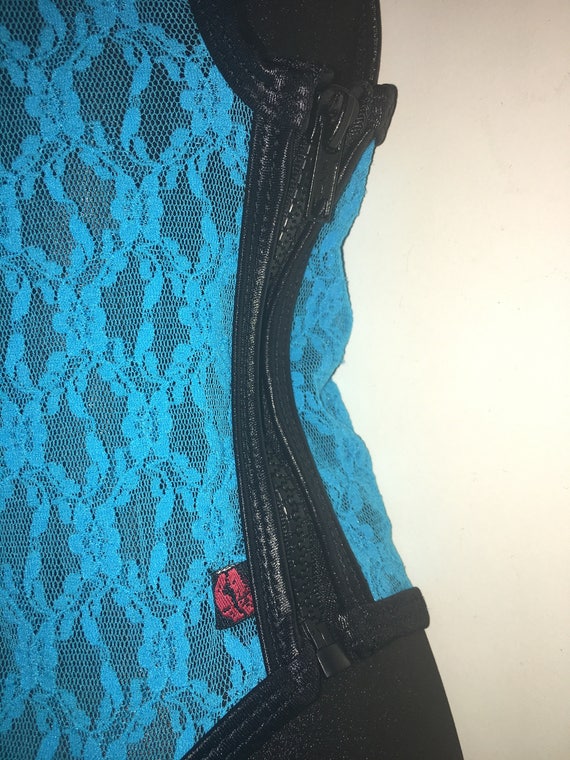 ONEofaKIND*** MissManeater Swimwear ELECTRICblue see-thru lace zip side designer swimsuit *** THONG cut!