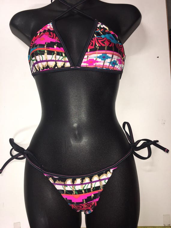 15%OFF***MISMANEATER #aztec thin bind fixed triangle bikini top + thin bind tie side boutique bikini pant***LIMITEDedition collection!