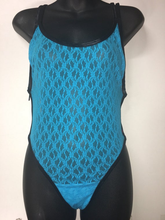 35%OFFSALE *** MissManeater ELECTRIC blue 1 of a kind see-thru lace zip side designer swimsuit *** THONG cut!