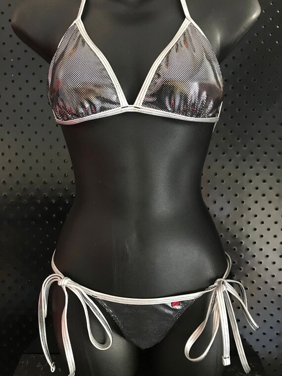 ONEofaKIND ***MissManeater DISCO BALL fixed bikini top + super low tie side scrunch bum boutique bikini set ***FREE thong pant!
