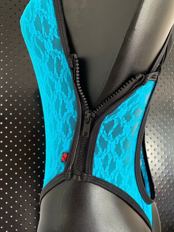 1ofaKIND ***MissManeater Swimwear ELECTRIC BLUE see-thru lace zip side designer swimsuit ***THONG cut