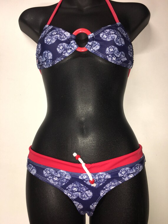 50%OFFSALE *** MissManeater NAUTICAL ring front fixed bikini top with draw-cord sporty boutique bikini pant ***BRAZILIAN cheeky cut!