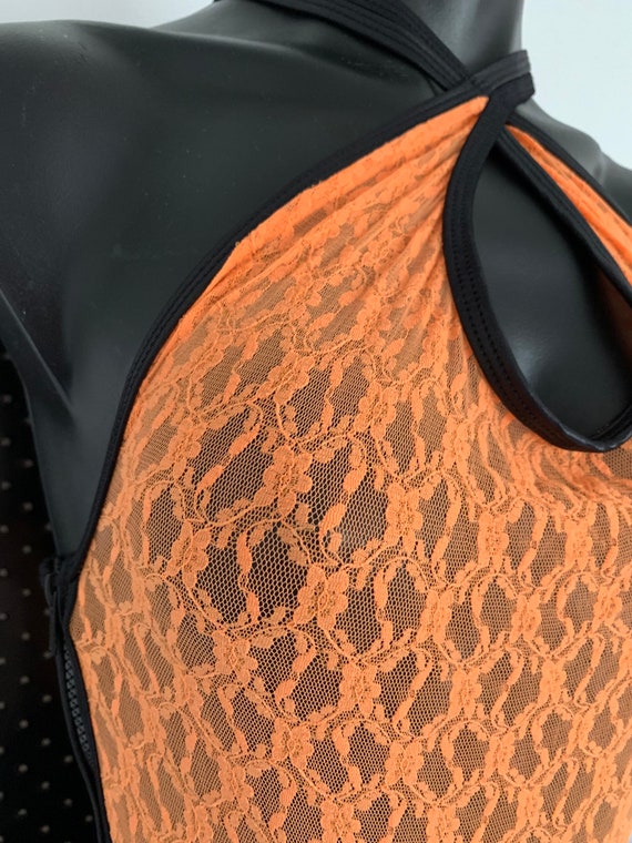 1ofaKIND ***MissManeater Swimwear NEON ORANGE see-thru lace zip side designer swimsuit ***THONG cut