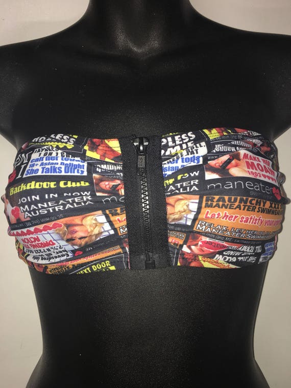 35%OFFSALE ***ONEOFAKIND MissManeater CALLGIRL digital print zip front bandeau style boutique bikini top