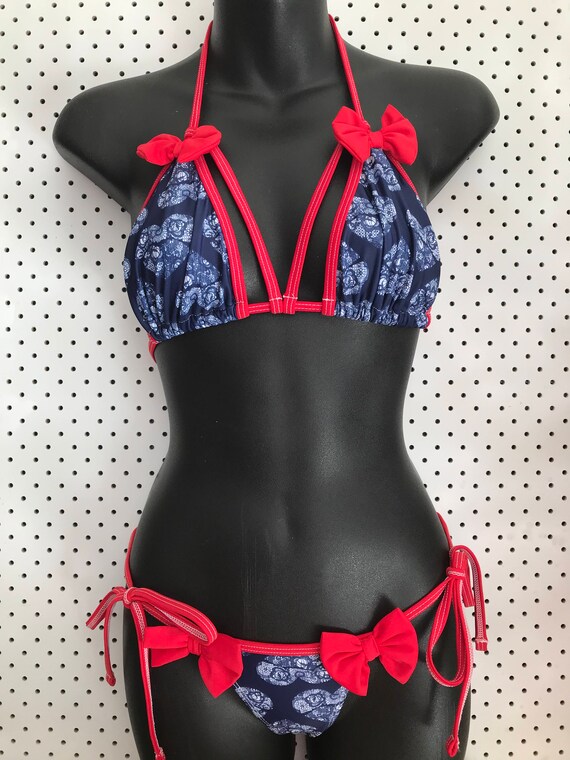 35%OFFSALE *** MissManeater HELLO_SAILOR sliding triangle top with bind detail + tie side hipster pant! SUPERLOWrise!