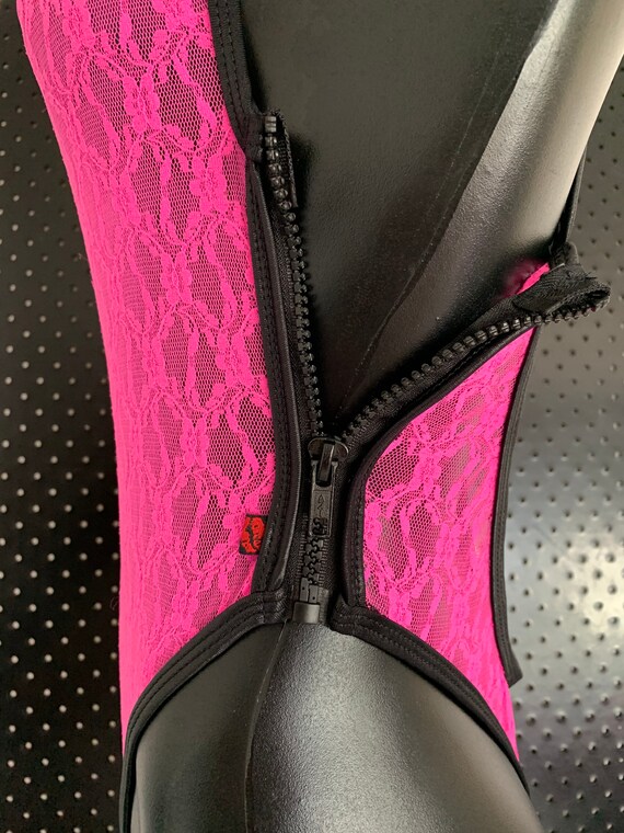 1ofaKIND ***MissManeater Swimwear NEON PINK see-thru lace zip side designer swimsuit ***THONG cut