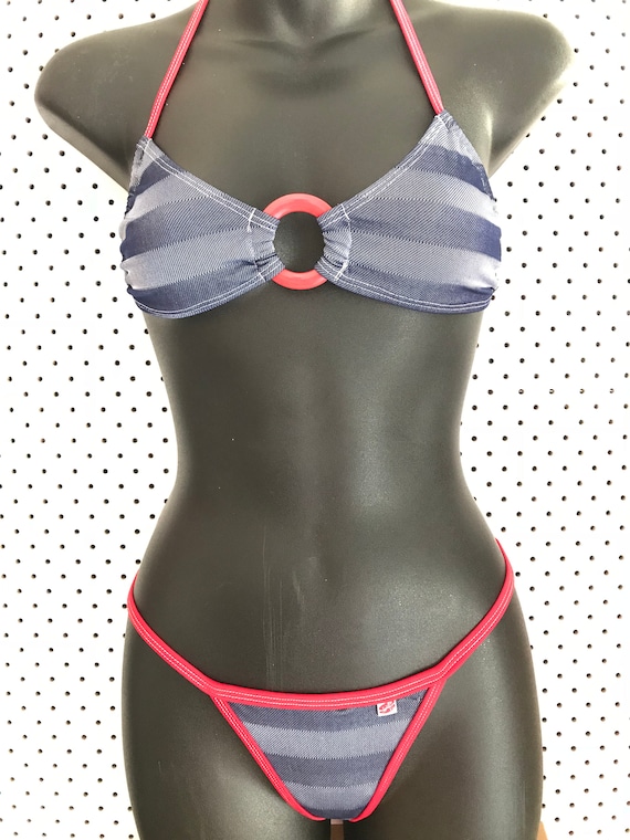 50%OFFSALE *** MissManeater WIDE_DENIM stripe RINGfront fixed tri top + T-bar THONG pant! MICROcoverage!