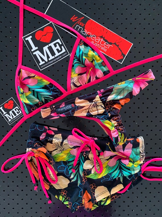 ONEofaKIND ***MissManeater LUSH boutique bikini set***3 pieces = fixed tri top + scrunch bum pant + coverup booty short