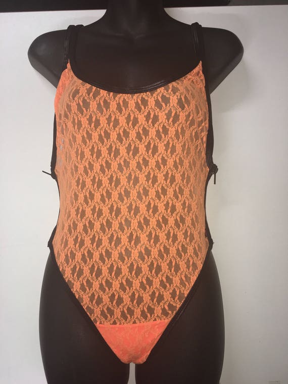 35%OFFSALE *** MissManeater NEON ORANGE 1 of a kind see-thru lace zip side designer swimsuit ***