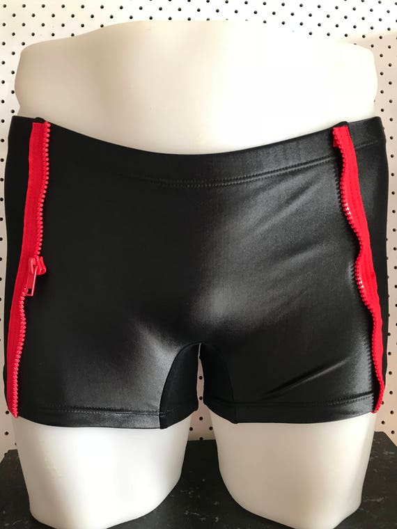 INTRODUCING our Mens euro swim truck brand: ROGUEswim ** BLACKlight swim short with RED zipper side panel detail