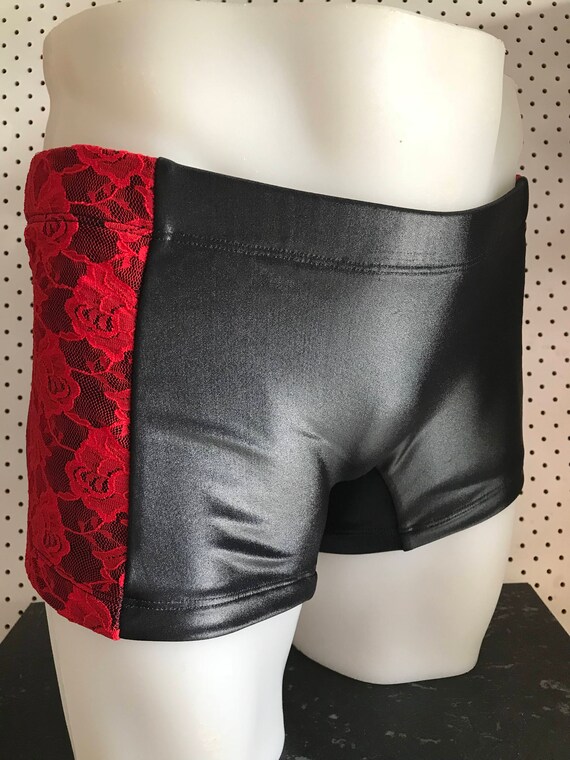 ONLY 1***ROGUEswim BLACK_RED lace overlay paneled EUROTRUNK swimshort