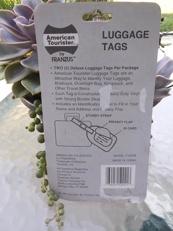 New Old Stock Deadstock Vintage 1991 Pack of 2 Black Vinyl Luggage Tags American Tourister Gold Hardware Address - 90s Traveling