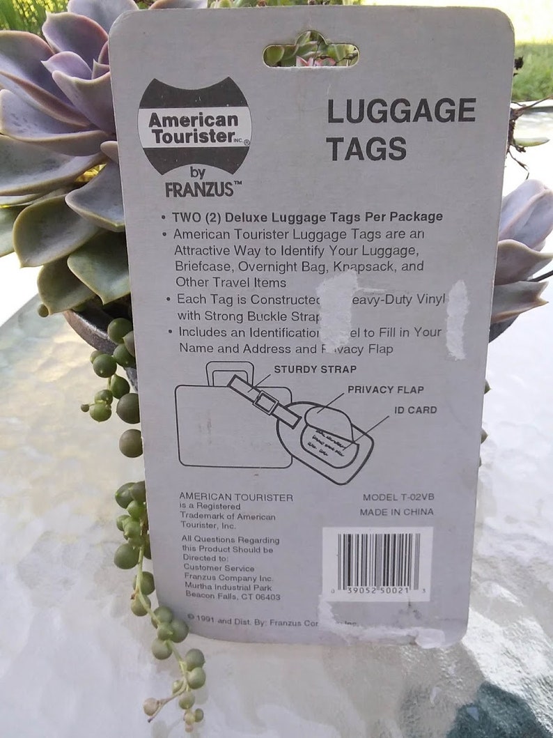 New Old Stock Deadstock Vintage 1991 Pack of 2 Black Vinyl Luggage Tags American Tourister Gold Hardware Address - 90s Traveling
