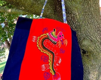 SALE Vintage Chinese Dragon Tote Bag / Purse - Farmer's Market Bag